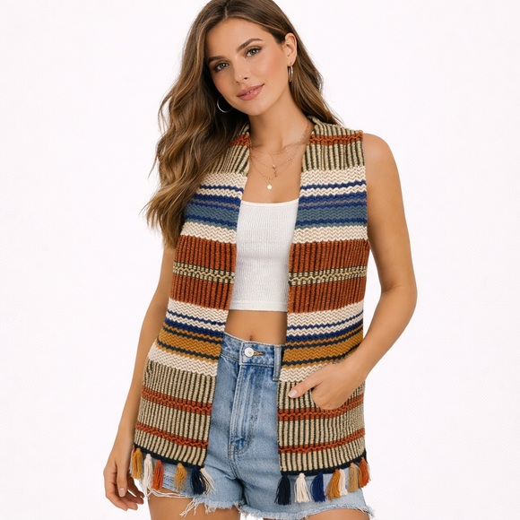 Vintage Glentex Knit Vest Size‎ L Made in Japan Boho Stripe Fringe Western Style - Picture 10 of 10